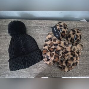 Steve Madden Faux Fur Cheetah Slippers And Knit Hat Set